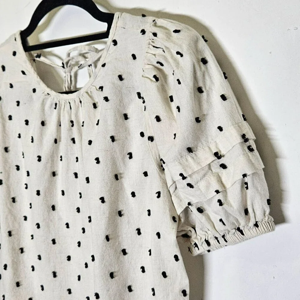 Madewell Womens XS Cream Black Polka Dot Puff Sleeve Top Basic Whimsy Whimsigoth
